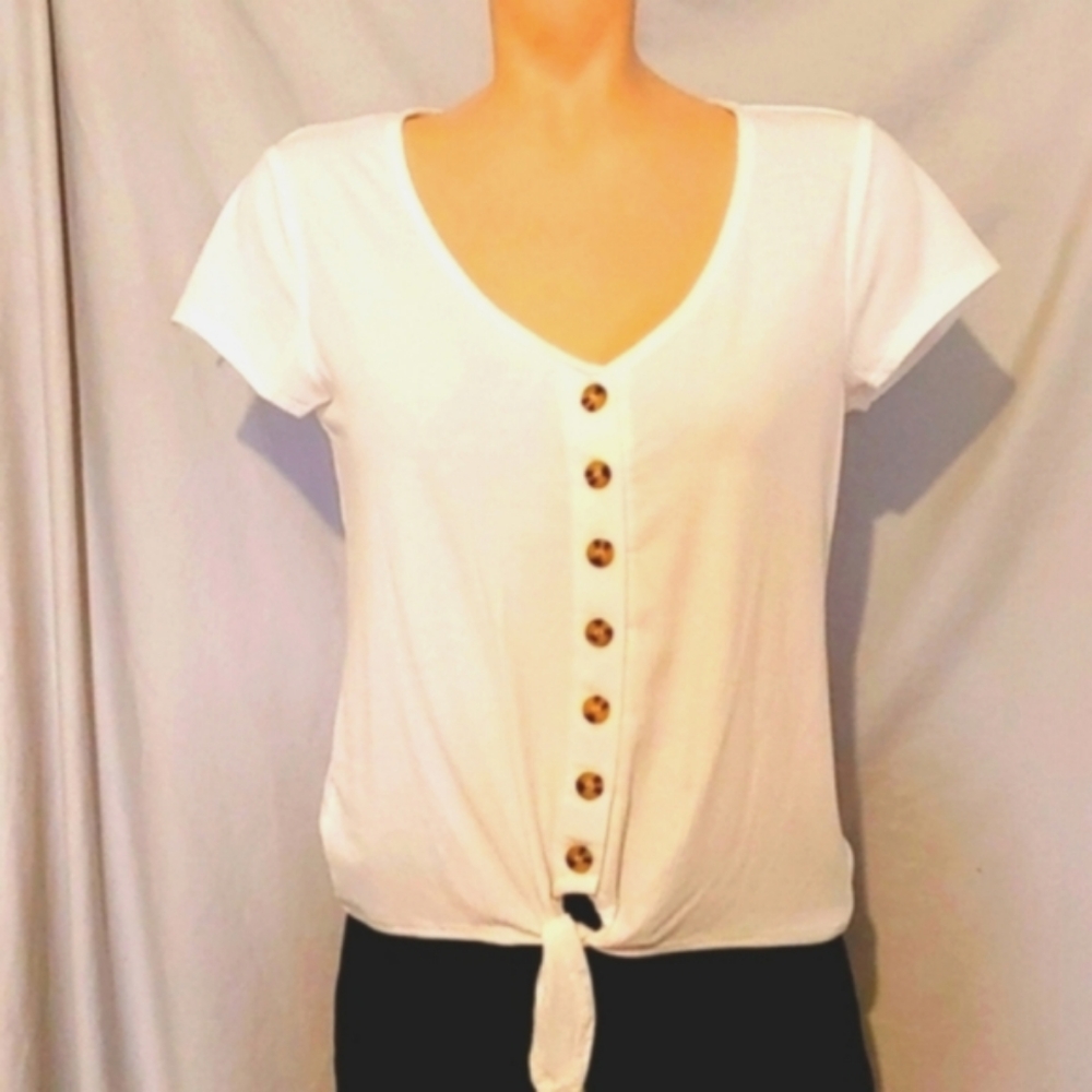 Pink Rose  off white ribbed tie front ribbed top, NEW
